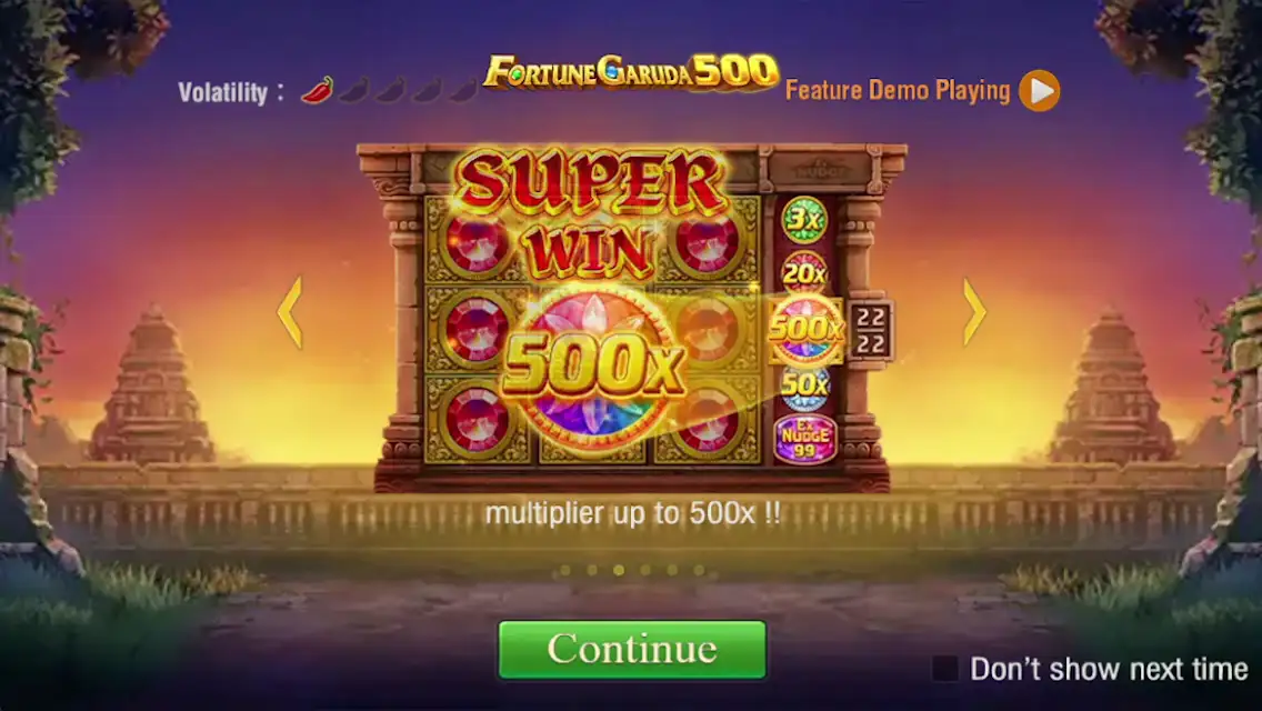 Special Reel de Fortune Garuda 500 mostrando un multiplicador de 500x